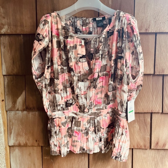DKNY Women's Pink Printed Crewneck Pleated Peplum Fitted Blouse Top Size L, XL - Picture 5 of 17